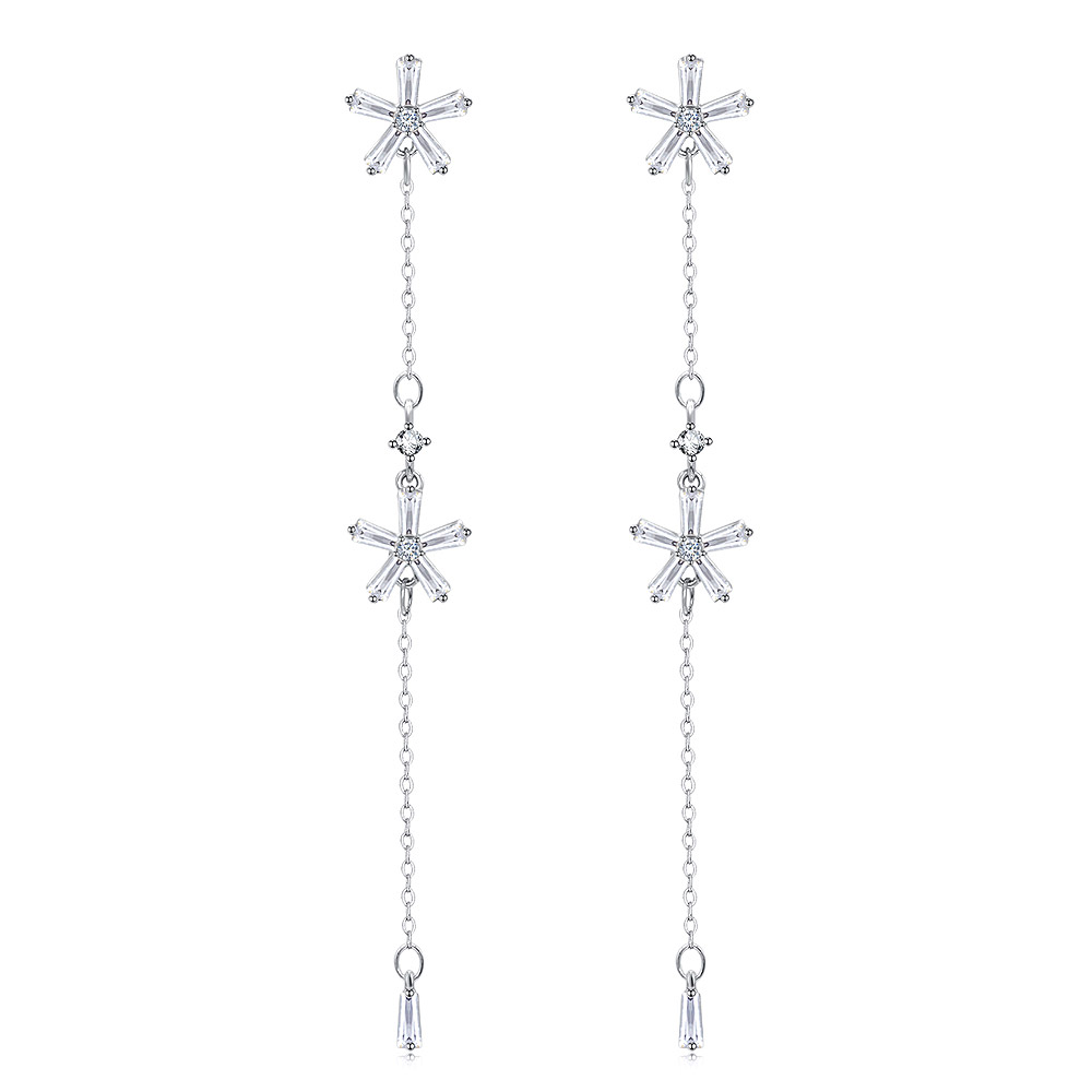 Flower Baguette-Cut Diamond Dangle Earrings